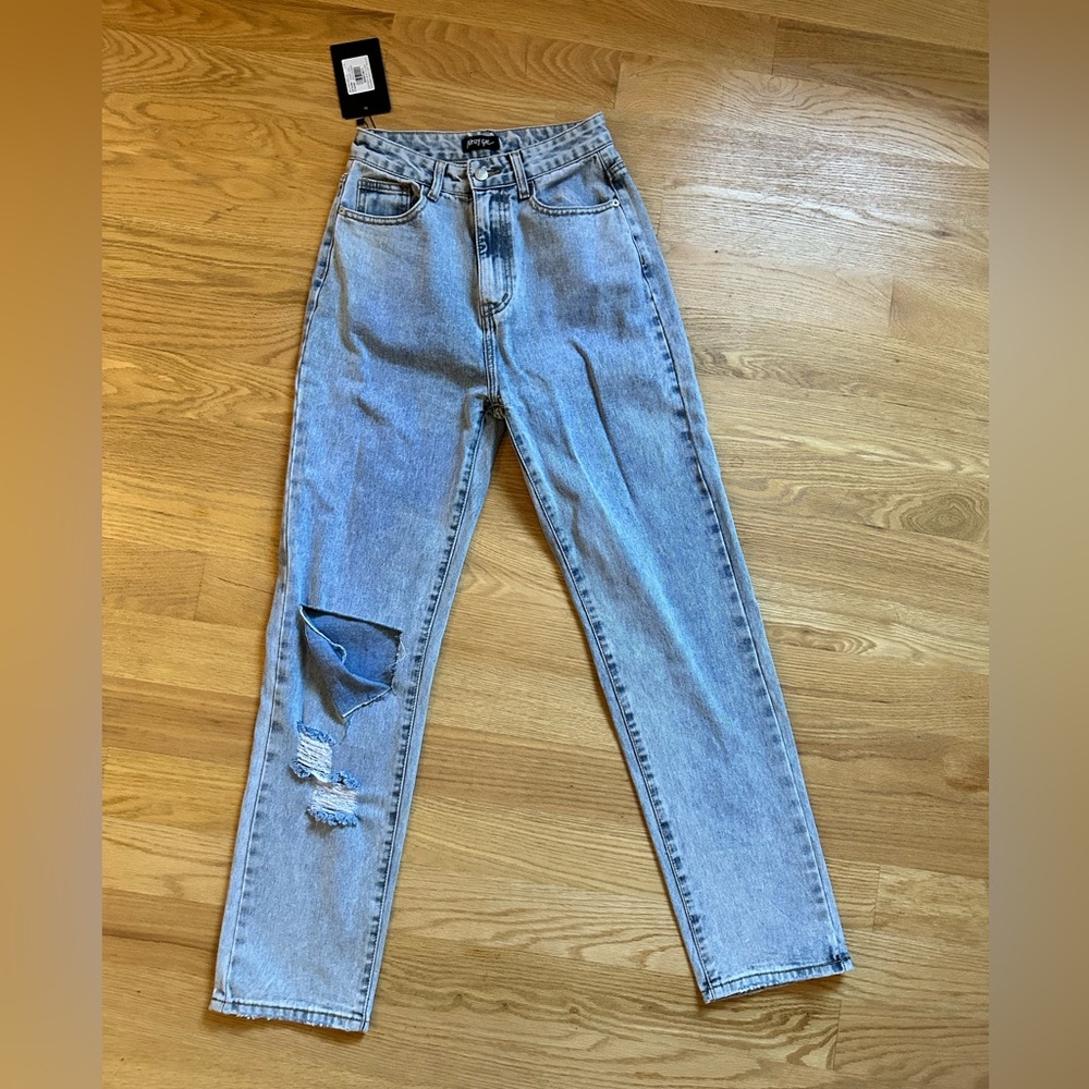 Nasty Gal Distressed High Waste Baggy Jeans, Size UK 6, Lt Blue,Brand New w tags